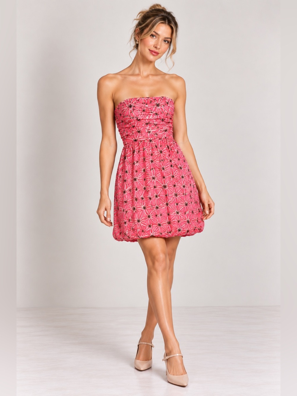 Milly of New York Strapless bubble hem Pink Floral Geometric Print Dress